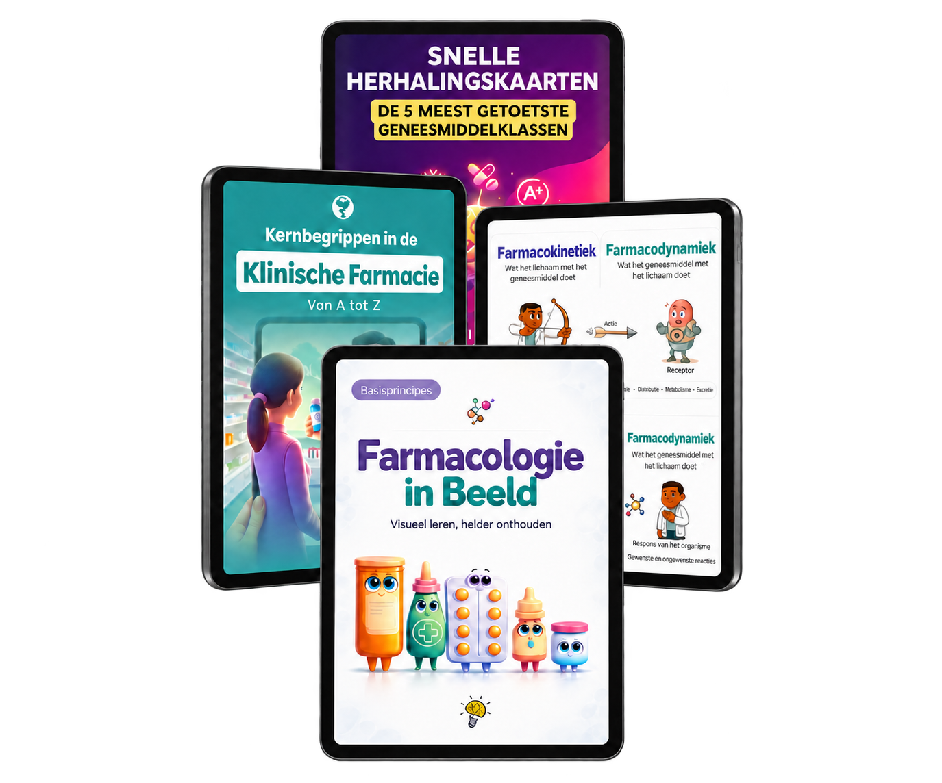 Mockup van Farmacologie in Beeld met de geïllustreerde modules en bonussen